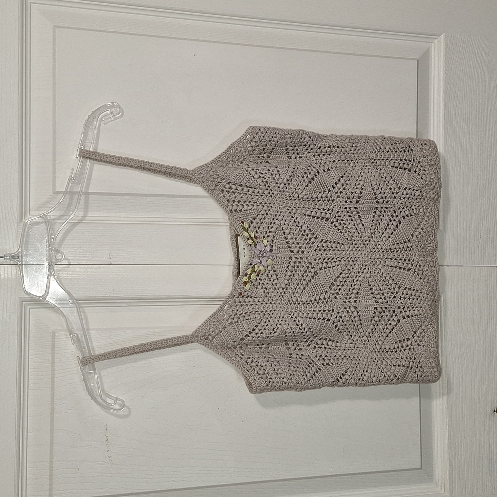 Susan Martin cotton crochet knit embroidered tank cami - S - beige